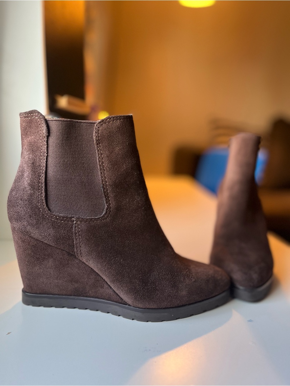 Andre Suede Wedge Ankle Chelsea Boots Dark Chocolate Brown